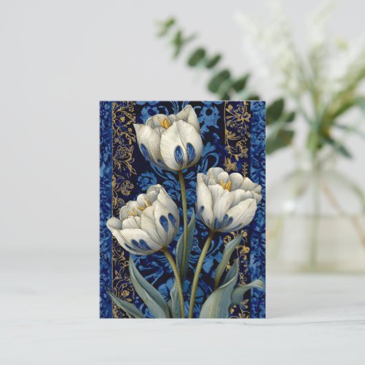 White Blue Tulip Damask ポストカード (スタンド正面)