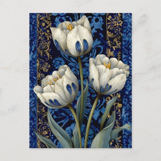 White Blue Tulip Damask ポストカード (正面)