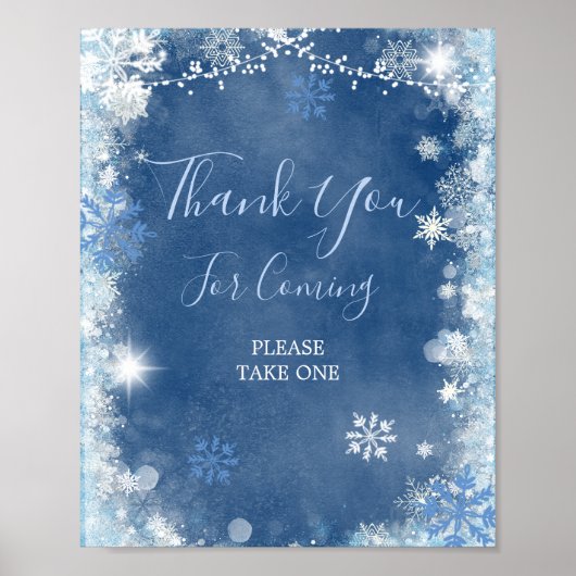 White Blue Winter Snowflake Bridal Thank You Sign ポスター (正面)