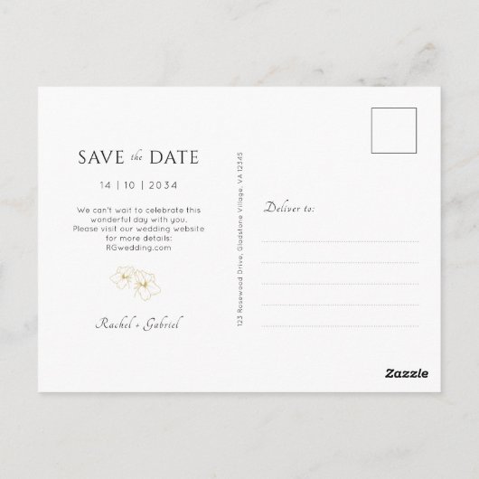 White | Boho Arch Gold Floral Wedding ポストカード (裏面)