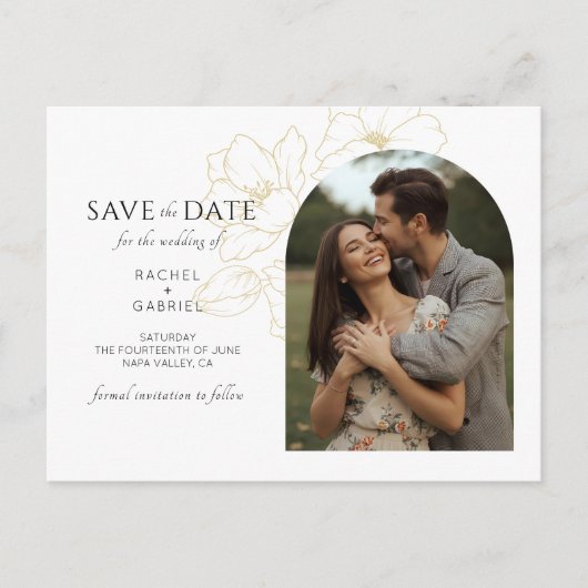 White | Boho Arch Gold Floral Wedding  ポストカード (正面)