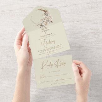 White Boho Floral All In One Wedding Invitation オールインワン招待状