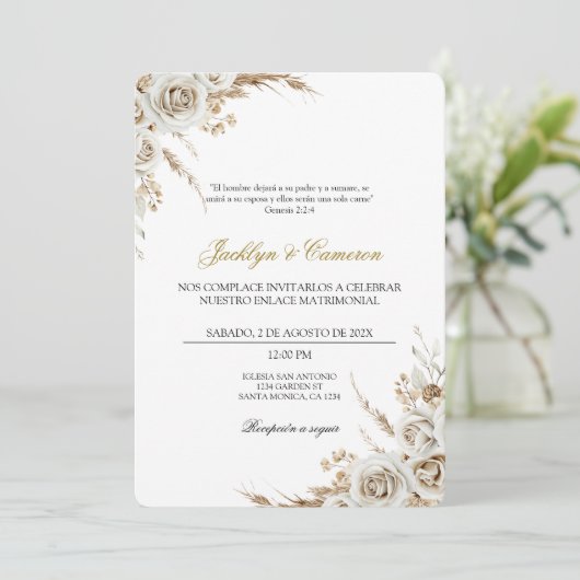 White Boho Floral Spanish Wedding 招待状 (スタンド正面)