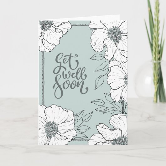 White Botanicals on Aqua "Get Well Soon" カード (正面)