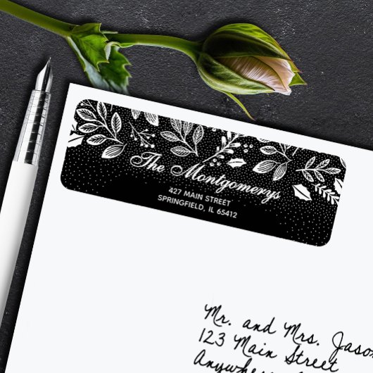 White Botanicals on Black Return Address ラベル