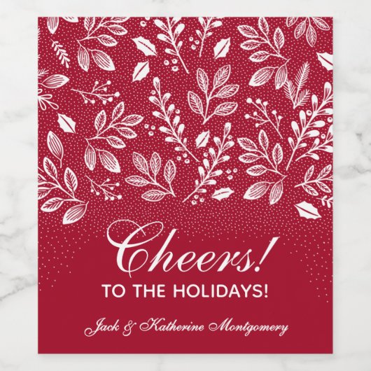 White Botanicals on Red Christmas ワインラベル (シングルラベル)
