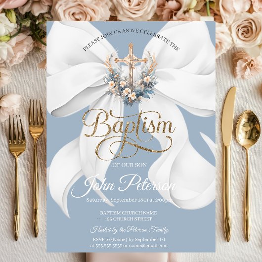 White Bow Floral Cross Baptism Dusty Blue 招待状
