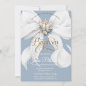 White Bow Floral Cross Baptism Dusty Blue 招待状 (正面)