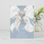White Bow Floral Cross Baptism Dusty Blue 招待状 (スタンド正面)