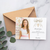 White bow photo pearls girl Confirmation サンキューカード