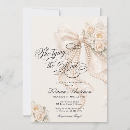 White Bow She's Tying the Knot Bridal Shower 招待状 (正面)