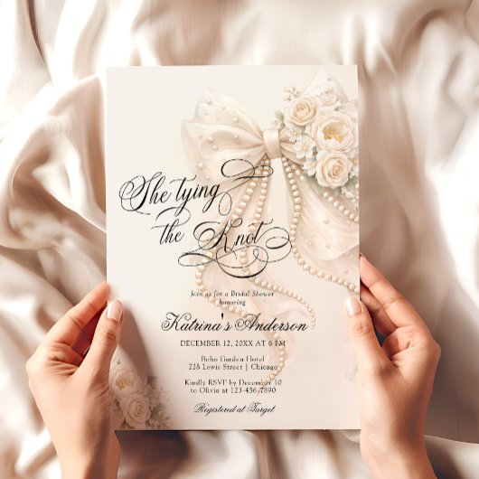 White Bow She's Tying the Knot Bridal Shower 招待状