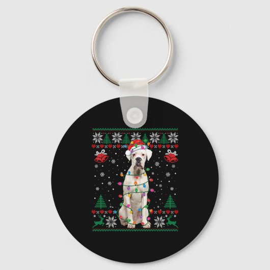 White Boxer Dog Ugly Christmas Sweater Funny Xmas  キーホルダー (正面)