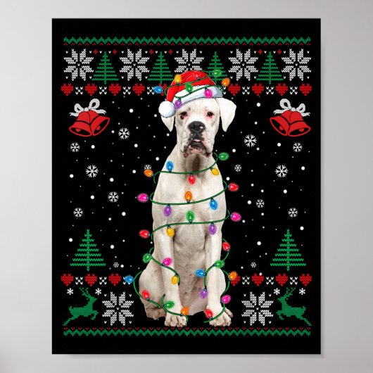 White Boxer Dog Ugly Christmas Sweater Funny Xmas  ポスター (正面)