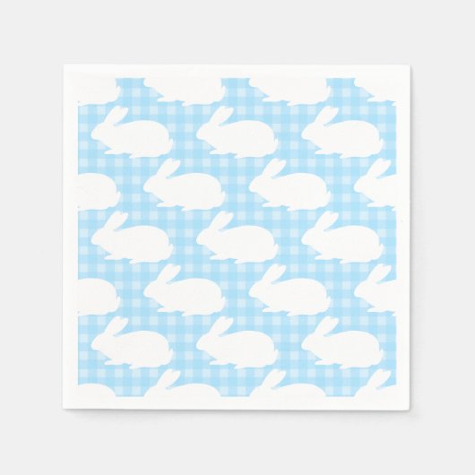 White Bunnies on Pastel Blue Gingham Pattern スタンダードカクテルナプキン (正面)