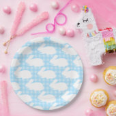 White Bunnies on Pastel Blue Gingham Pattern ペーパープレート (パーティー)