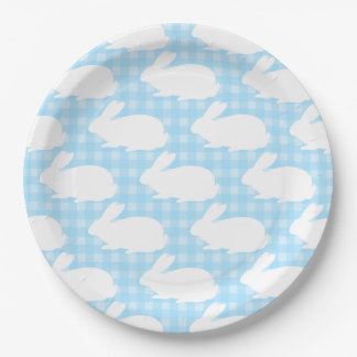 White Bunnies on Pastel Blue Gingham Pattern ペーパープレート