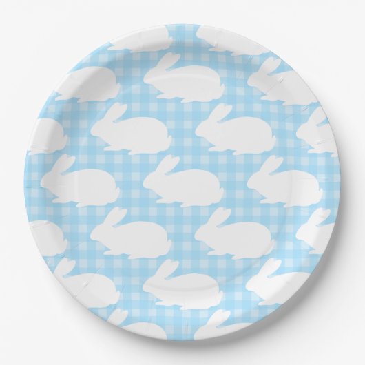 White Bunnies on Pastel Blue Gingham Pattern ペーパープレート (正面)