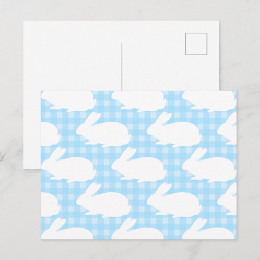White Bunnies on Pastel Blue Gingham Pattern ポストカード (正面/裏面)