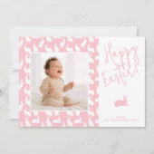White Bunnies On Pink With Custom Photo Easter カード (正面)
