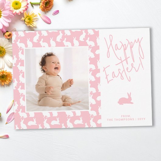 White Bunnies On Pink With Custom Photo Easter カード