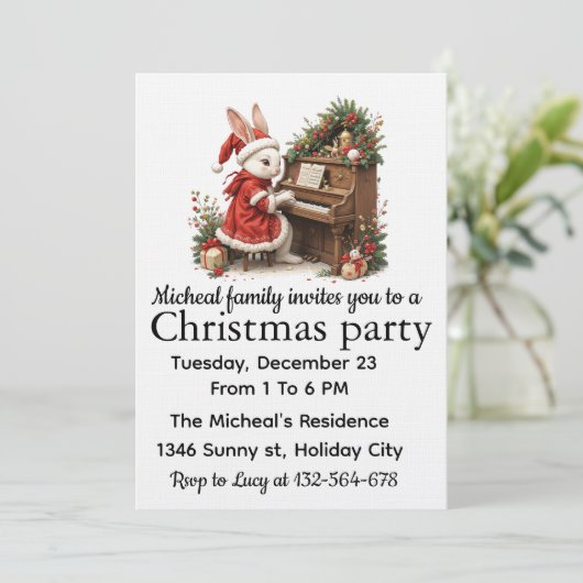 White Bunny Christmas Party Invitation 招待状 (スタンド正面)