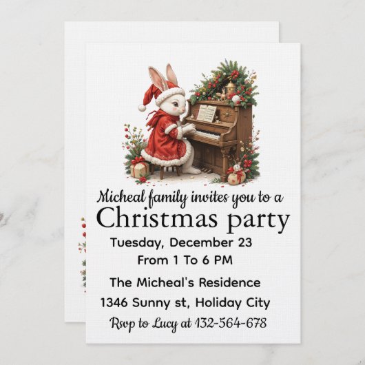 White Bunny Christmas Party Invitation 招待状 (正面/裏面)