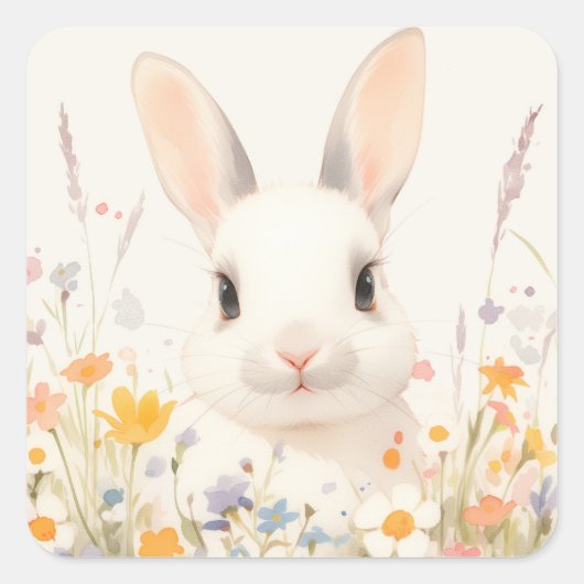 White Bunny with Pink Nose in Spring Wildflower スクエアシール (正面)