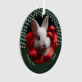 White bunny with red ribbon on green holiday オーナメント (正面)