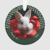 White bunny with red ribbon on green holiday オーナメント (正面)
