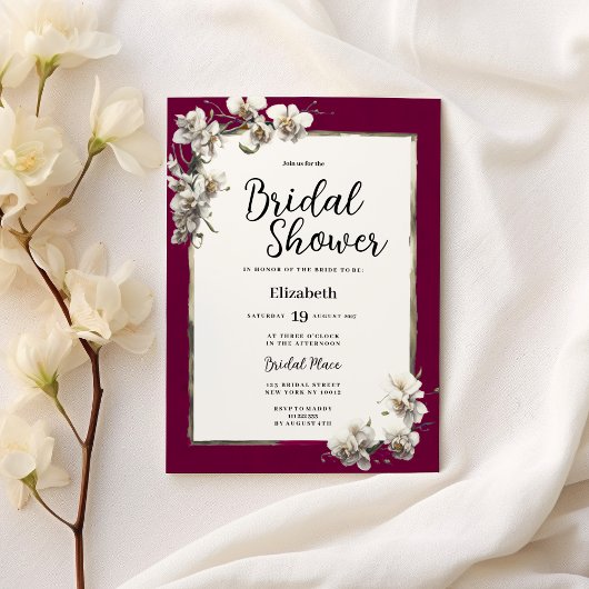 White burgundy gold orchid floral Bridal Shower 招待状