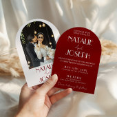 White Burgundy Minimalist Photo Arched Wedding 招待状