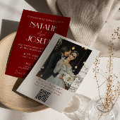 White Burgundy Minimalist QR Code Photo Wedding 招待状