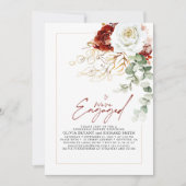 White Burgundy Red Floral Engagement Party Photo 招待状 (正面)