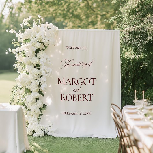 White & Burgundy Wedding Welcome Sign Banner タペストリー