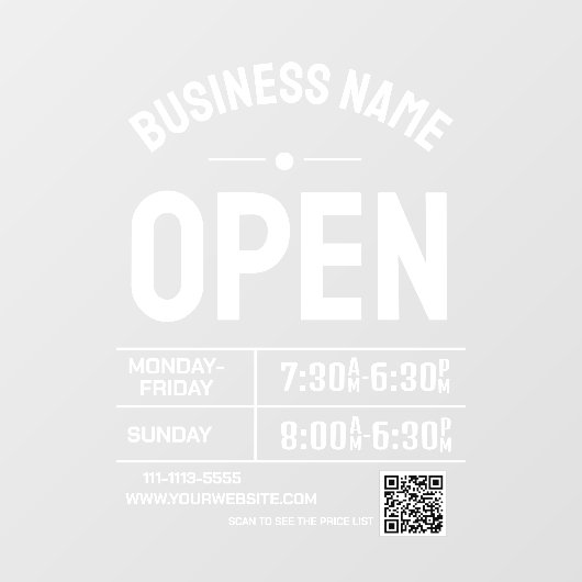 White Business Hours and QR Code ウィンドウサイン (シート)