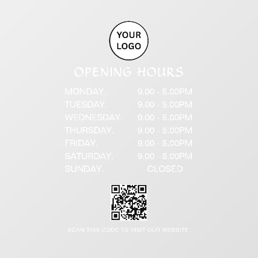 White Business Opening Hours Modern Script Qr  ウィンドウサイン (シート)