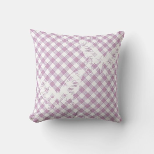 White Butterflies on Pink Checks Pillow クッション (正面)
