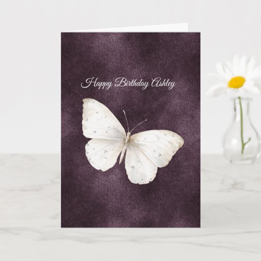 White Butterfly Purple Birthday カード (小さな植物)