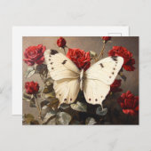 White Butterfly Resting Among Vibrant Red Roses ポストカード (正面/裏面)