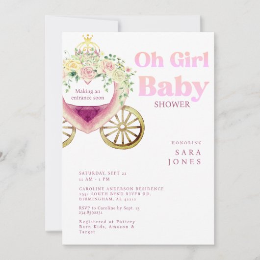 White Carriage Making an Entrance Soon Baby Shower 招待状 (正面)