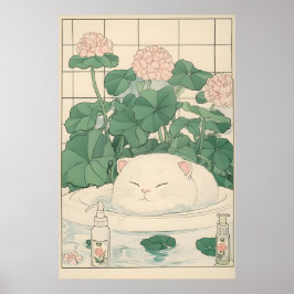 White Cat Bathtub Print, Ukiyo-e Japanese Art ポスター
