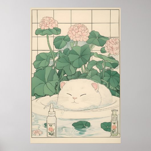 White Cat Bathtub Print, Ukiyo-e Japanese Art ポスター (正面)