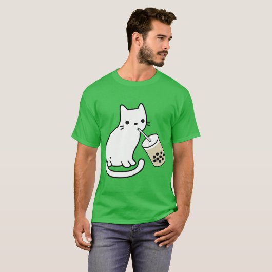 White Cat Drinking Boba Milkea boy Tシャツ (正面フル)