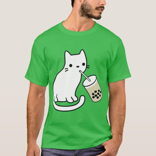 White Cat Drinking Boba Milkea boy Tシャツ (正面)