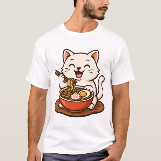 White Cat Eating Ramen Tシャツ (正面)