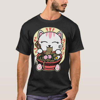 White Cat Eating Ramen Tシャツ