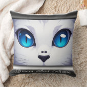 White Cat Illustration With Vibrant Blue Eyes クッション (ブランケット)