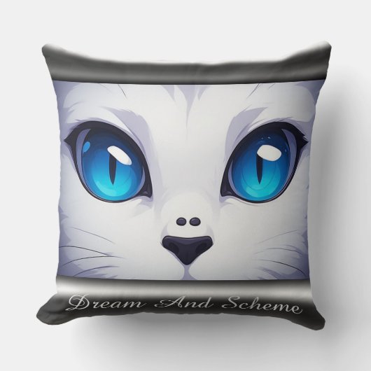 White Cat Illustration With Vibrant Blue Eyes クッション (正面)
