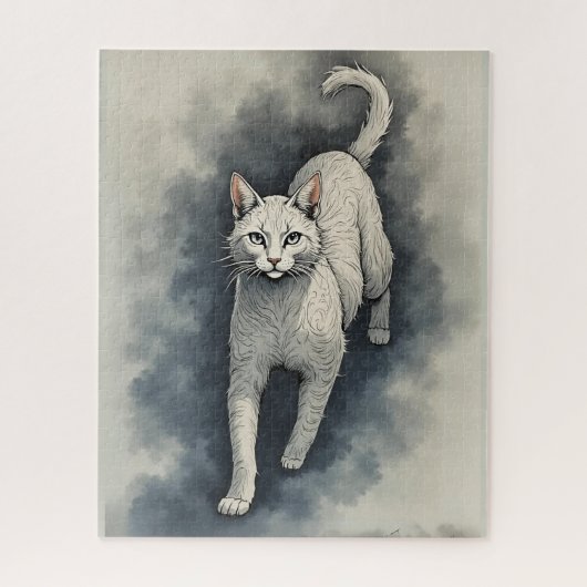 White Cat in a Chinese Ink Drawing Style ジグソーパズル (縦)
